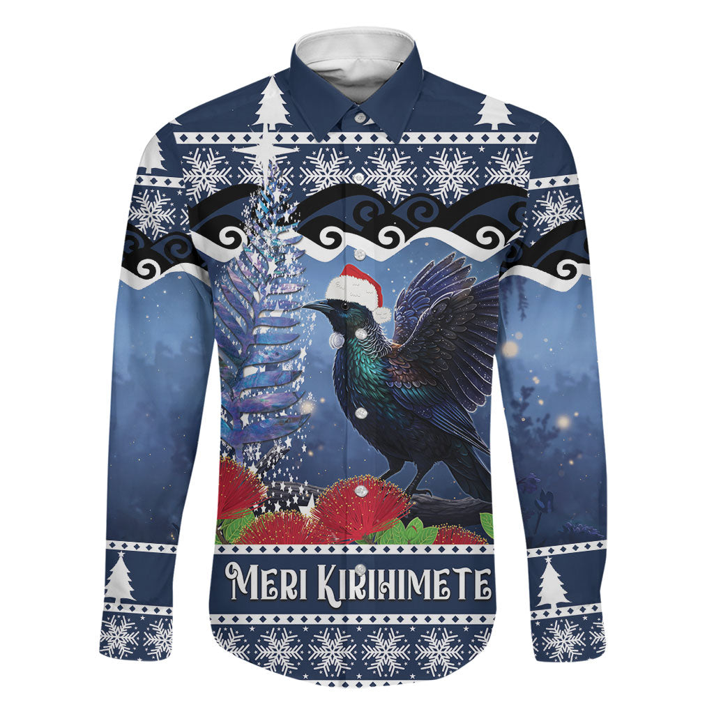 New Zealand Tui Bird Christmas Family Matching Off Shoulder Short Dress and Hawaiian Shirt Pohutukawa Xmas Tree Meri Kirihimete LT22 Dad's Shirt - Long Sleeve Blue - Polynesian Pride