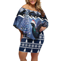 New Zealand Tui Bird Christmas Family Matching Off Shoulder Short Dress and Hawaiian Shirt Pohutukawa Xmas Tree Meri Kirihimete LT22 Mom's Dress Blue - Polynesian Pride