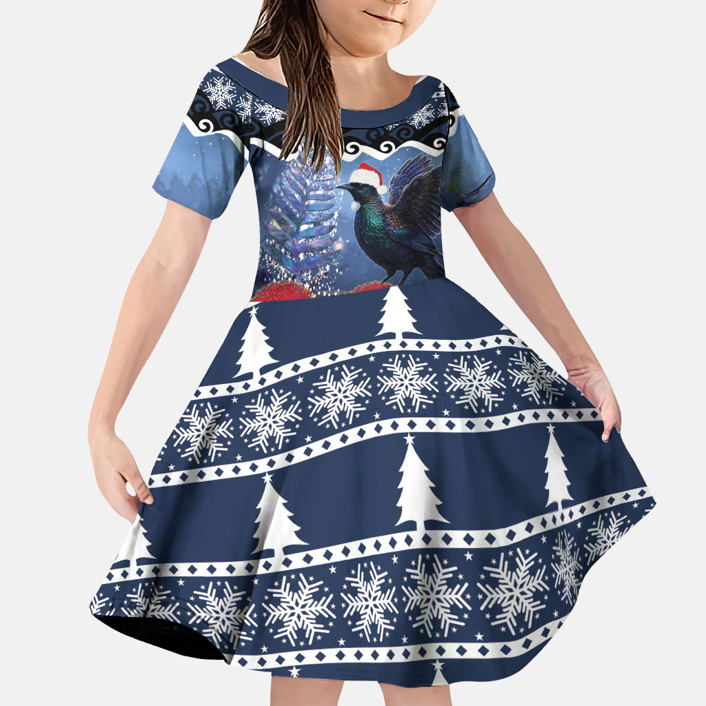 New Zealand Tui Bird Christmas Family Matching Short Sleeve Bodycon Dress and Hawaiian Shirt Pohutukawa Xmas Tree Meri Kirihimete LT22 Daughter's Dress Blue - Polynesian Pride