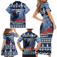 New Zealand Tui Bird Christmas Family Matching Short Sleeve Bodycon Dress and Hawaiian Shirt Pohutukawa Xmas Tree Meri Kirihimete LT22 - Polynesian Pride