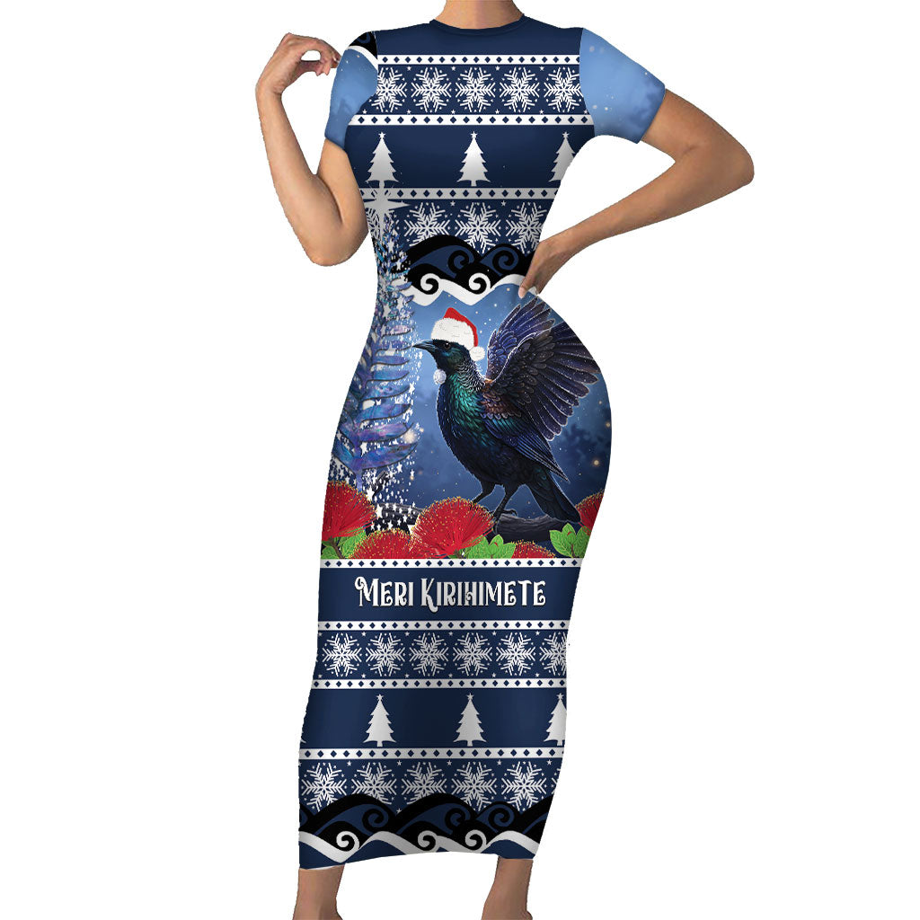 New Zealand Tui Bird Christmas Family Matching Short Sleeve Bodycon Dress and Hawaiian Shirt Pohutukawa Xmas Tree Meri Kirihimete LT22 Mom's Dress Blue - Polynesian Pride
