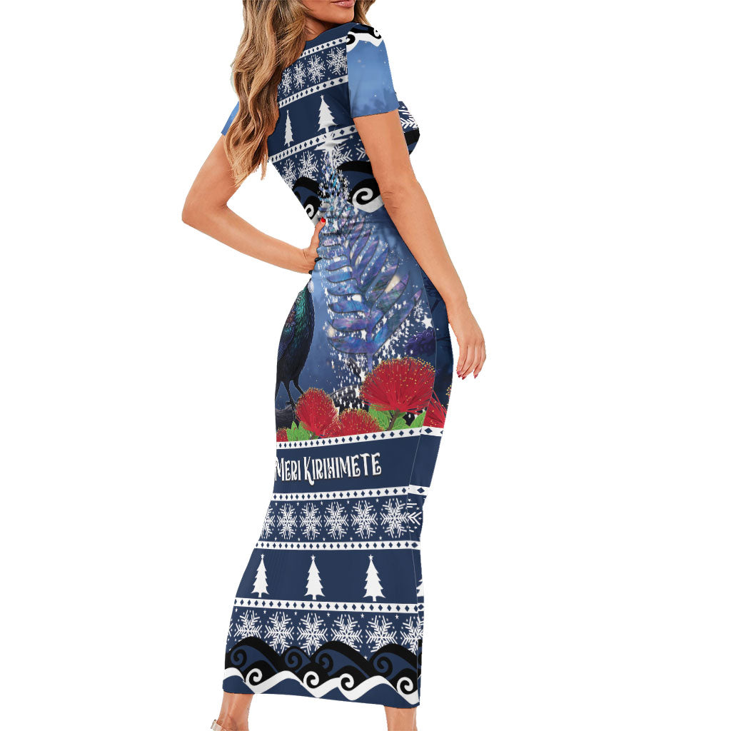 New Zealand Tui Bird Christmas Family Matching Short Sleeve Bodycon Dress and Hawaiian Shirt Pohutukawa Xmas Tree Meri Kirihimete LT22 - Polynesian Pride