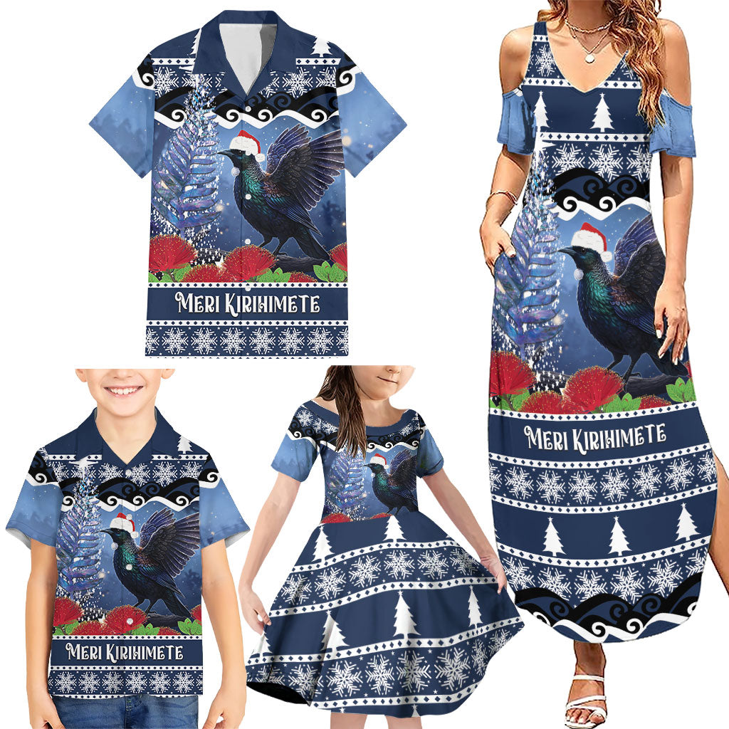 New Zealand Tui Bird Christmas Family Matching Summer Maxi Dress and Hawaiian Shirt Pohutukawa Xmas Tree Meri Kirihimete LT22 - Polynesian Pride