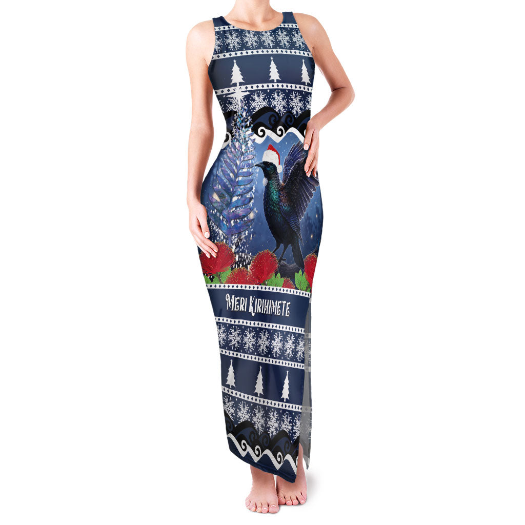 New Zealand Tui Bird Christmas Family Matching Tank Maxi Dress and Hawaiian Shirt Pohutukawa Xmas Tree Meri Kirihimete LT22 Mom's Dress Blue - Polynesian Pride