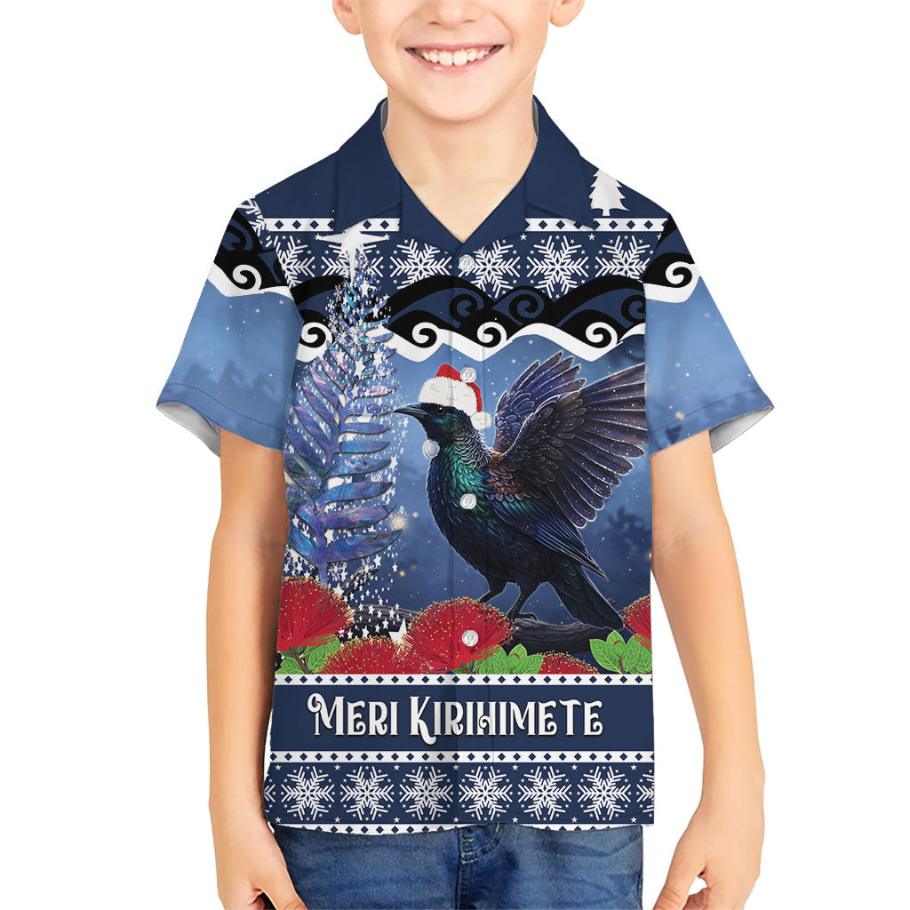 New Zealand Tui Bird Christmas Family Matching Tank Maxi Dress and Hawaiian Shirt Pohutukawa Xmas Tree Meri Kirihimete LT22 Son's Shirt Blue - Polynesian Pride