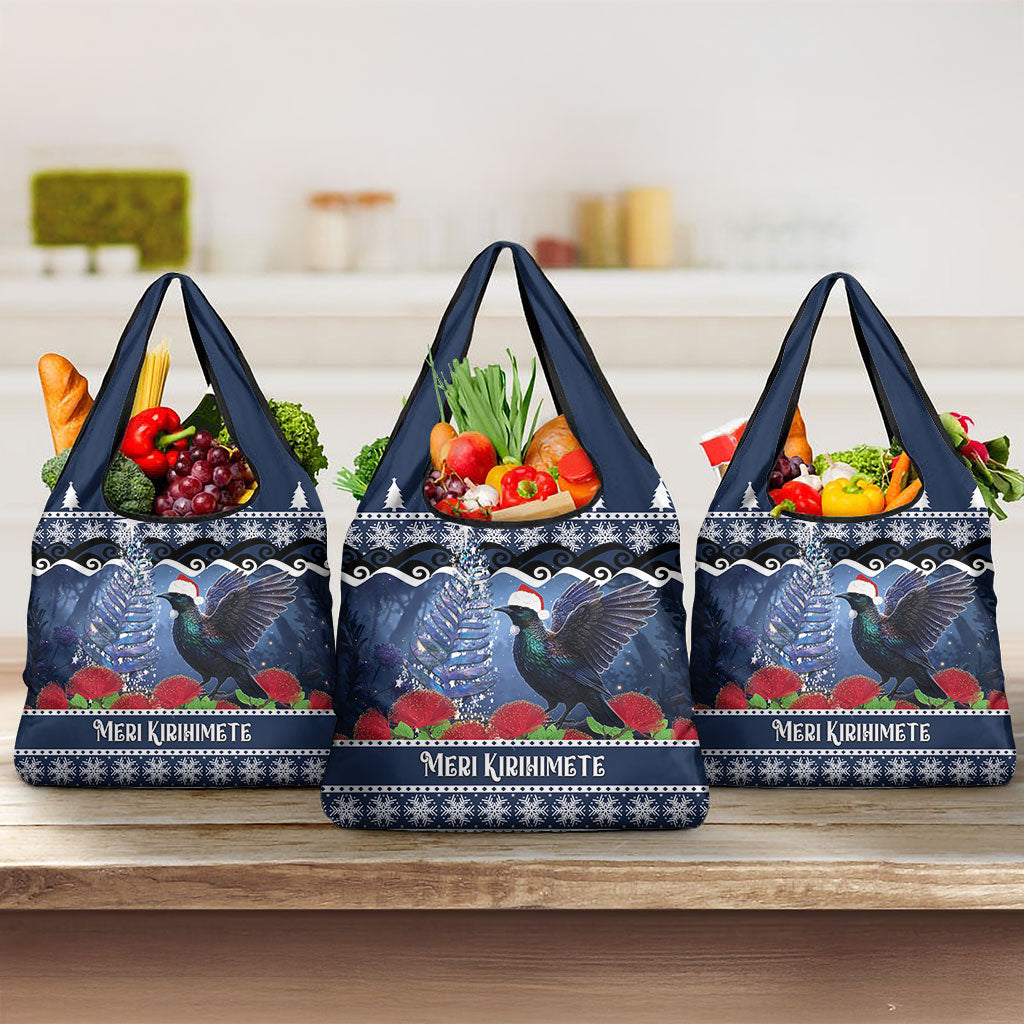 New Zealand Tui Bird Christmas Grocery Bag Pohutukawa Xmas Tree Meri Kirihimete