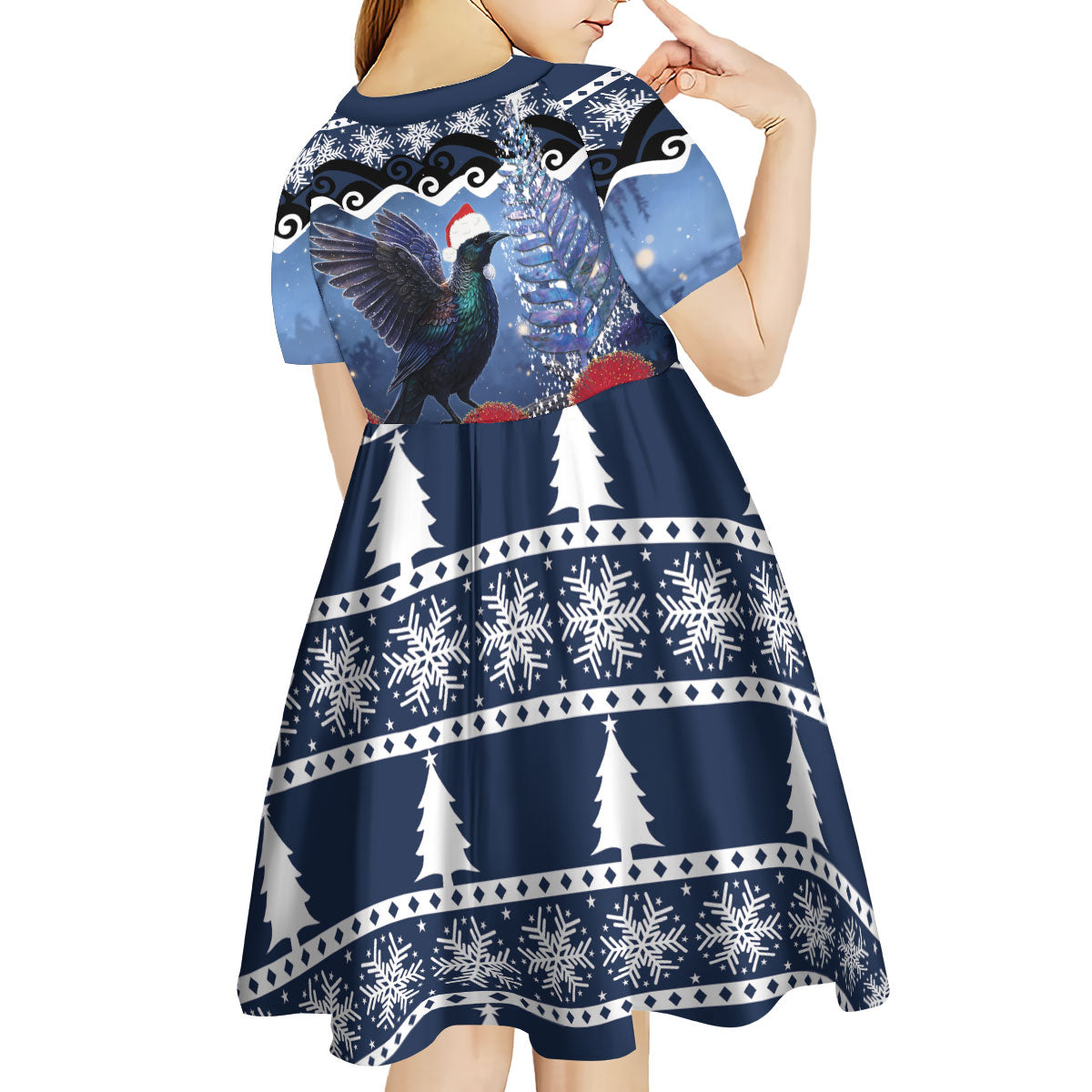 New Zealand Tui Bird Christmas Kid Short Sleeve Dress Pohutukawa Xmas Tree Meri Kirihimete LT22 - Polynesian Pride