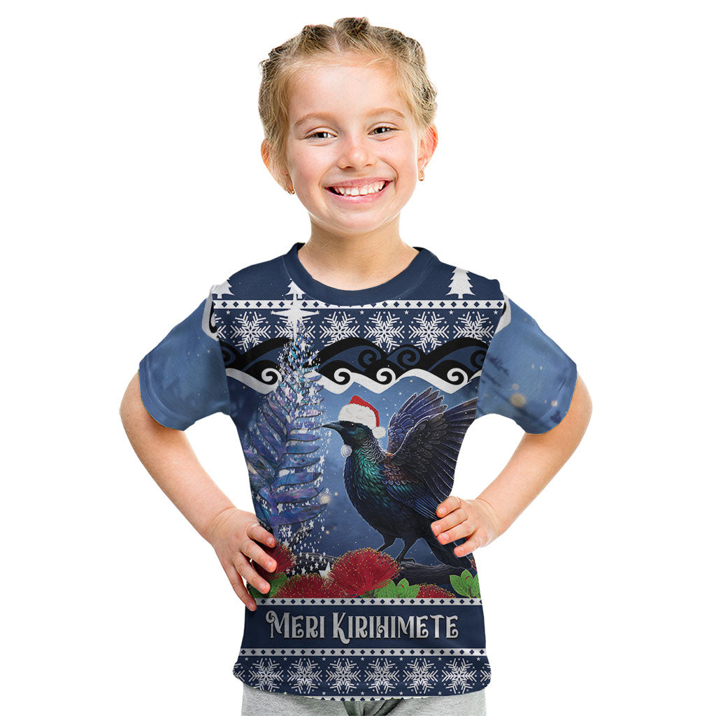 New Zealand Tui Bird Christmas Kid T Shirt Pohutukawa Xmas Tree Meri Kirihimete