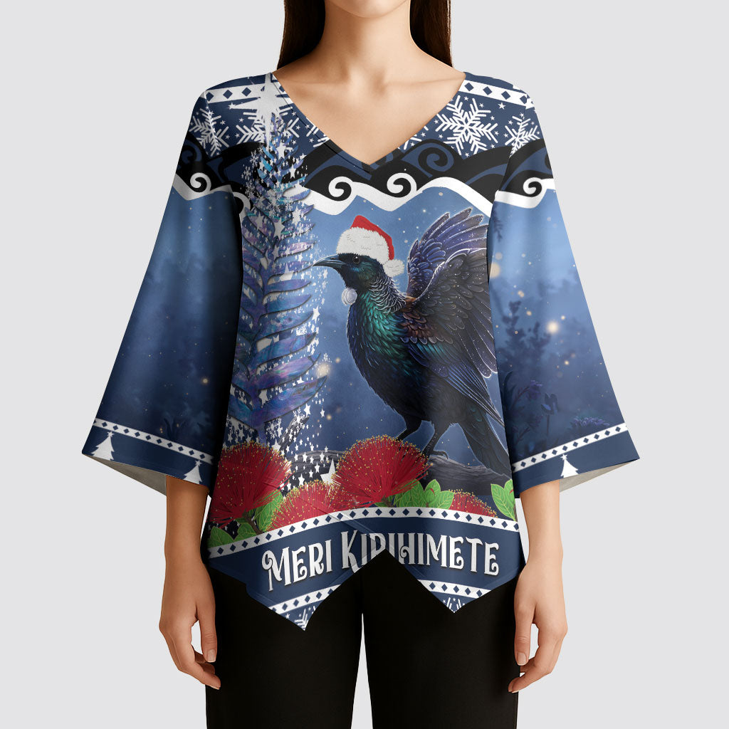 New Zealand Tui Bird Christmas Kimono Sleeve Blouse Pohutukawa Xmas Tree Meri Kirihimete