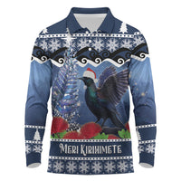 New Zealand Tui Bird Christmas Long Sleeve Polo Shirt Pohutukawa Xmas Tree Meri Kirihimete LT22 Blue - Polynesian Pride