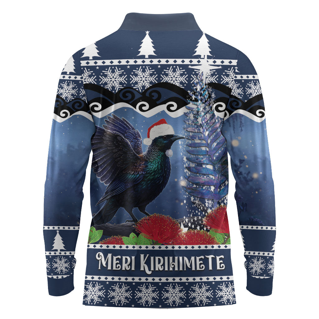 New Zealand Tui Bird Christmas Long Sleeve Polo Shirt Pohutukawa Xmas Tree Meri Kirihimete LT22 - Polynesian Pride