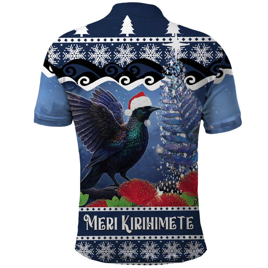 New Zealand Tui Bird Christmas Polo Shirt Pohutukawa Xmas Tree Meri Kirihimete