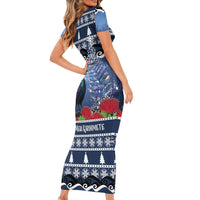 New Zealand Tui Bird Christmas Short Sleeve Bodycon Dress Pohutukawa Xmas Tree Meri Kirihimete LT22 - Polynesian Pride