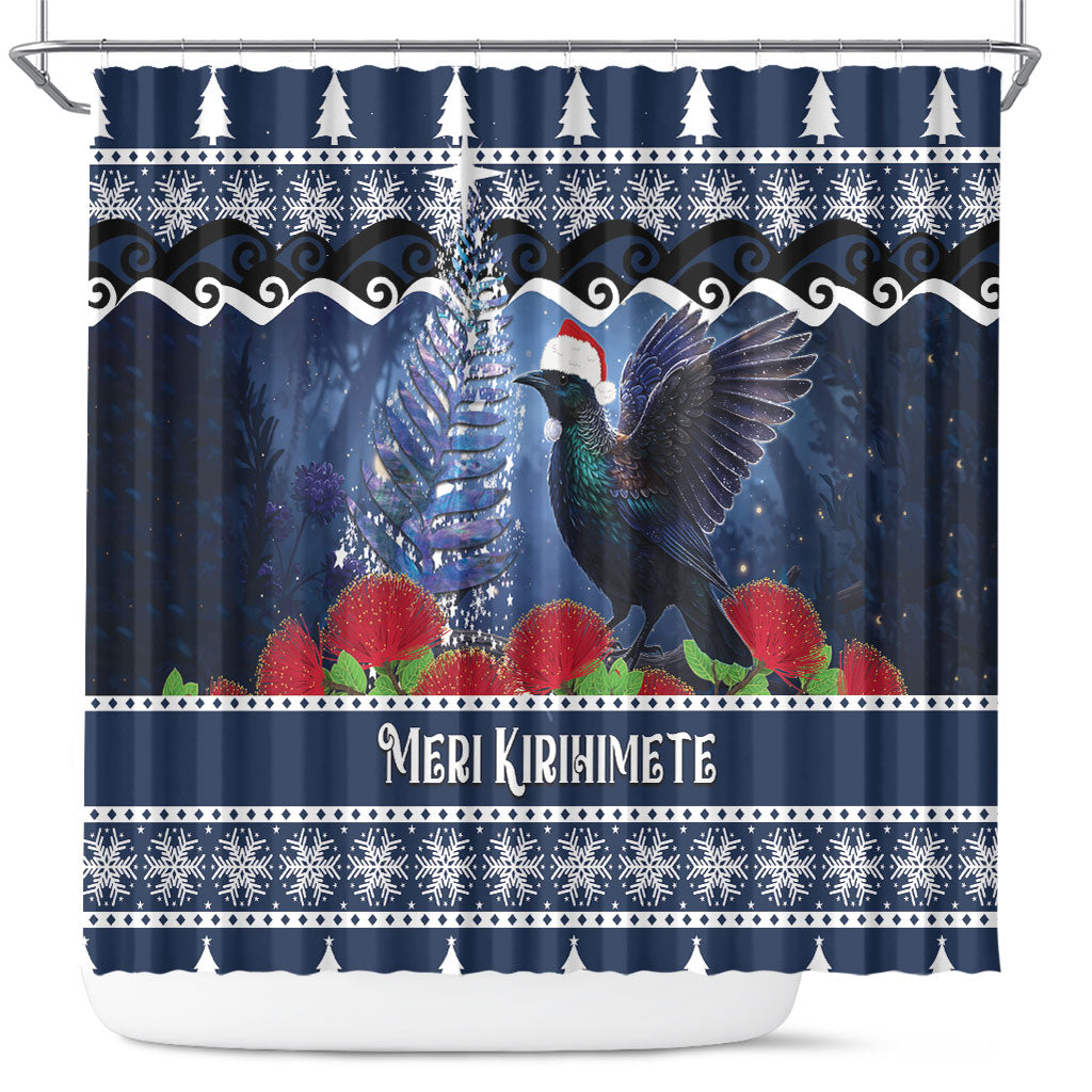 New Zealand Tui Bird Christmas Shower Curtain Pohutukawa Xmas Tree Meri Kirihimete