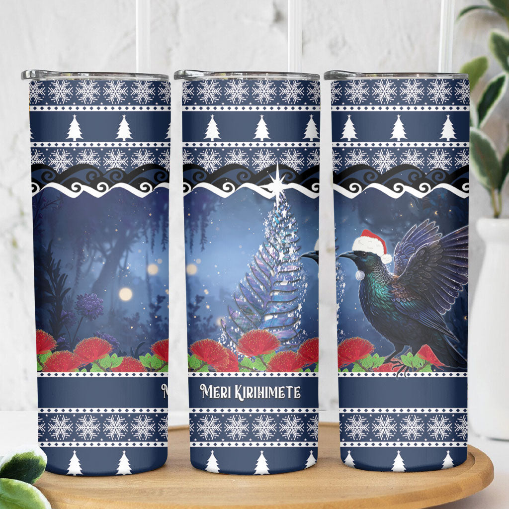 New Zealand Tui Bird Christmas Skinny Tumbler Pohutukawa Xmas Tree Meri Kirihimete LT22 - Polynesian Pride