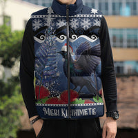 New Zealand Tui Bird Christmas Sleeveless Puffer Jacket Pohutukawa Xmas Tree Meri Kirihimete