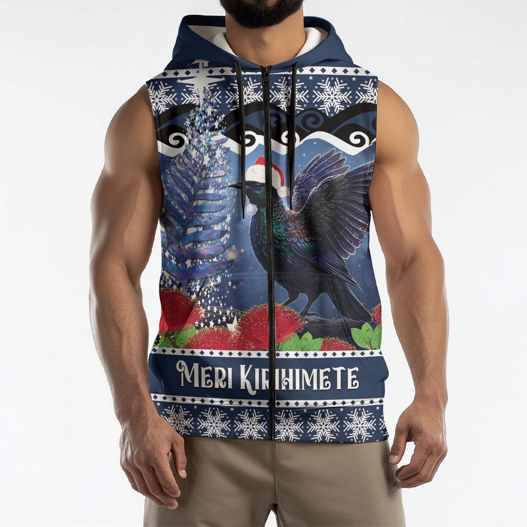 New Zealand Tui Bird Christmas Sleeveless Zip Hoodie Pohutukawa Xmas Tree Meri Kirihimete LT22 - Polynesian Pride