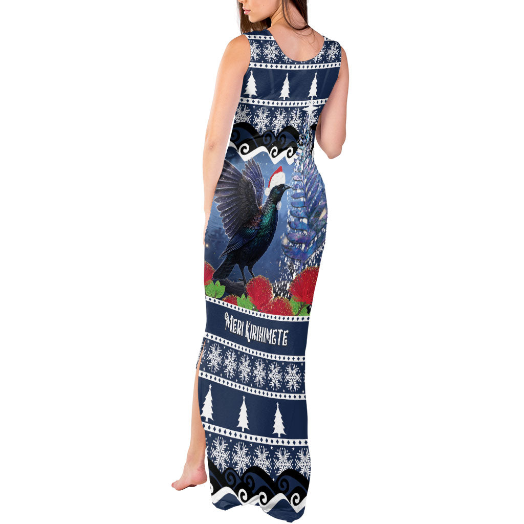 New Zealand Tui Bird Christmas Tank Maxi Dress Pohutukawa Xmas Tree Meri Kirihimete LT22 - Polynesian Pride