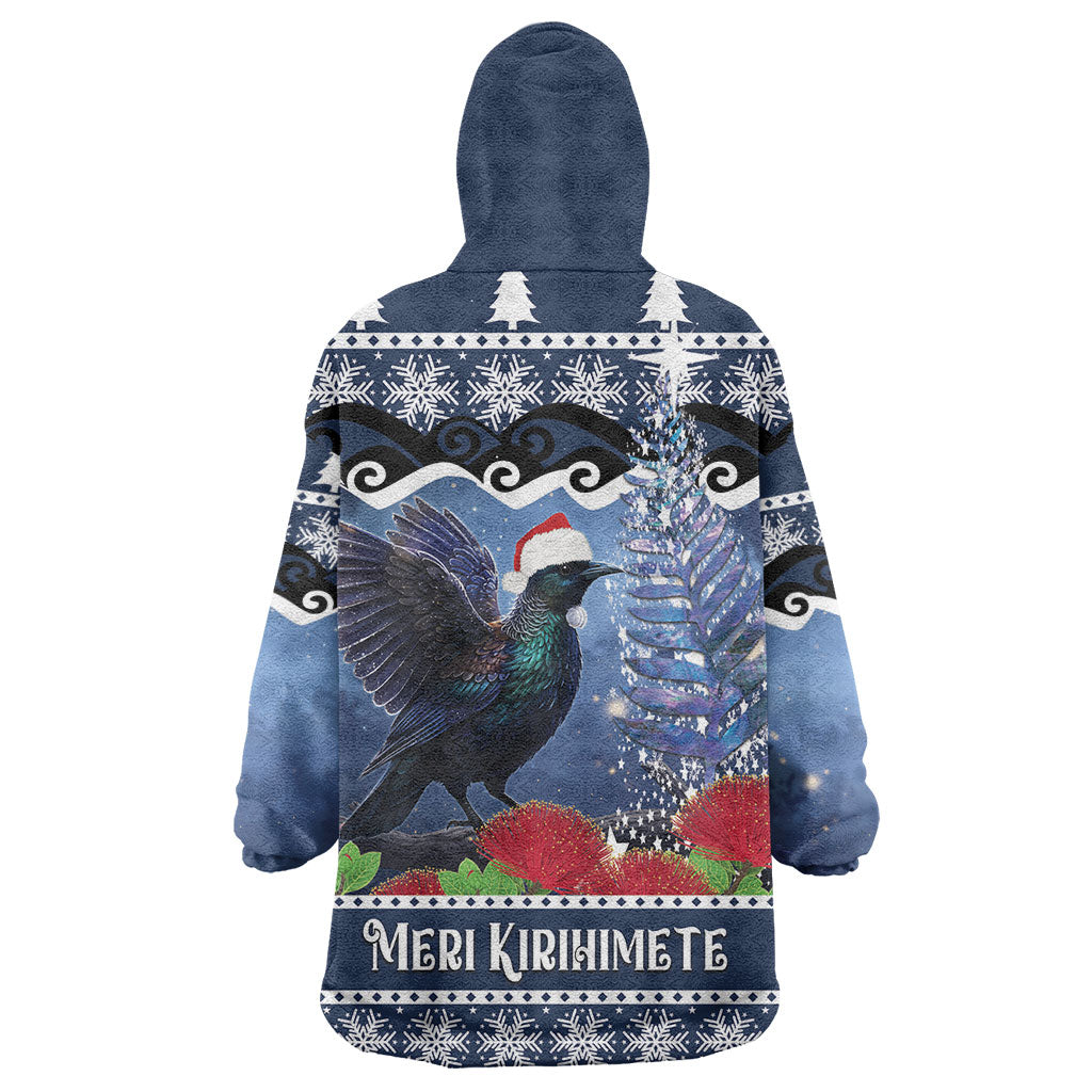 New Zealand Tui Bird Christmas Wearable Blanket Hoodie Pohutukawa Xmas Tree Meri Kirihimete LT22 - Polynesian Pride