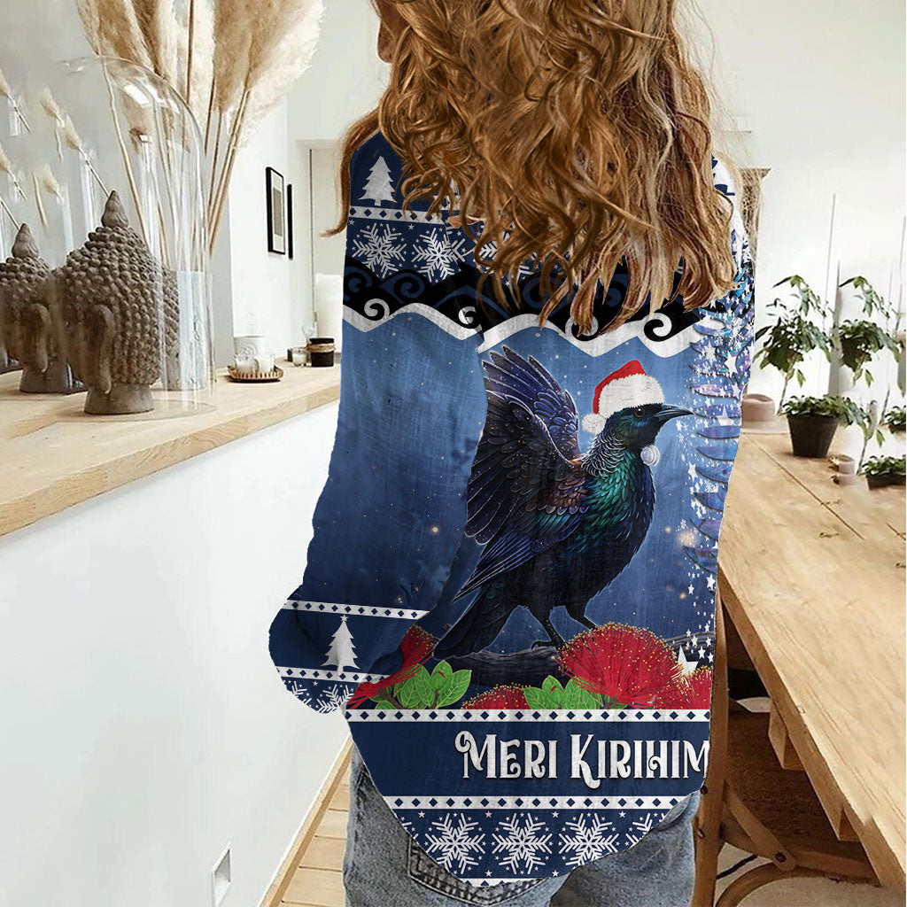 New Zealand Tui Bird Christmas Women Casual Shirt Pohutukawa Xmas Tree Meri Kirihimete LT22 - Polynesian Pride