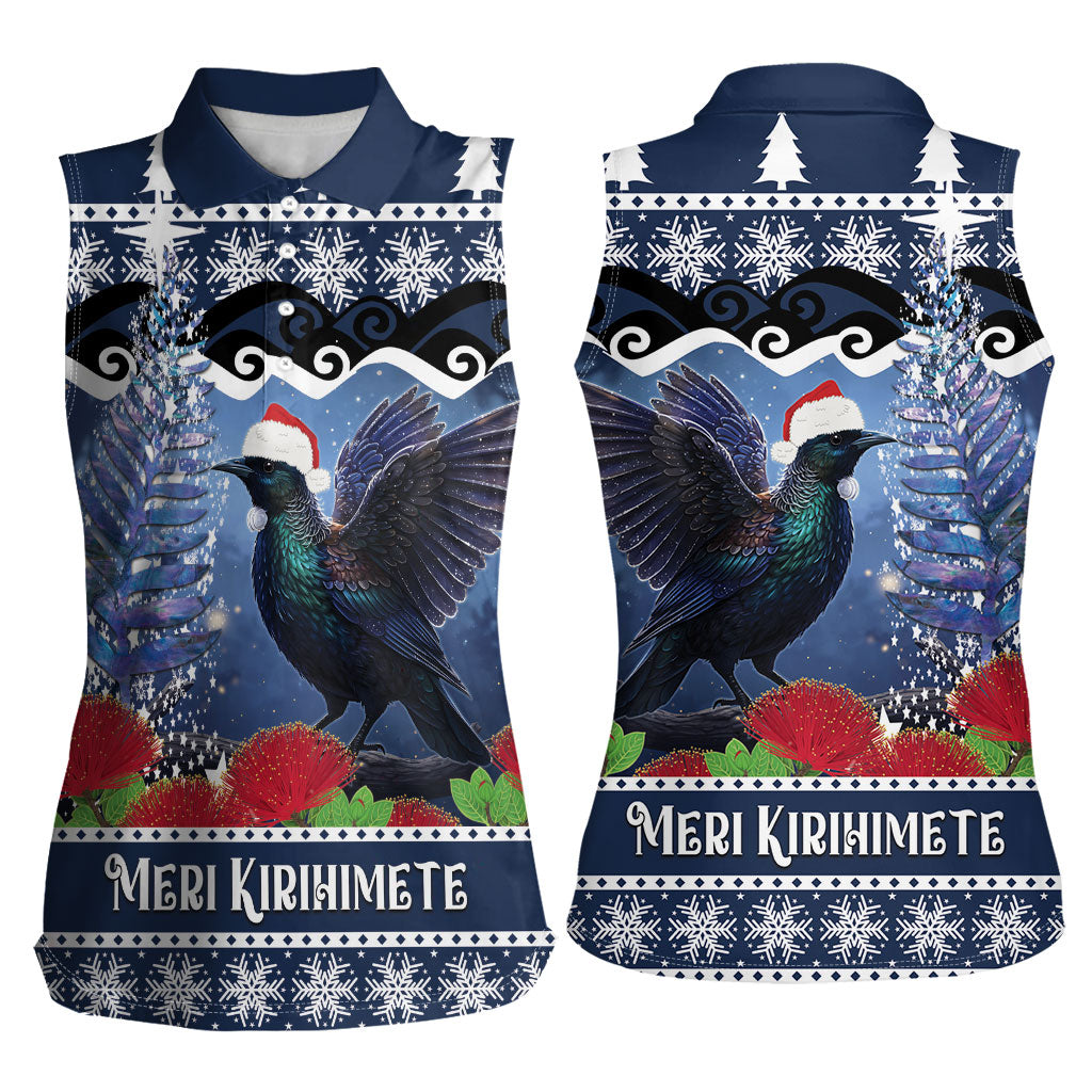 New Zealand Tui Bird Christmas Women Sleeveless Polo Shirt Pohutukawa Xmas Tree Meri Kirihimete LT22 - Polynesian Pride
