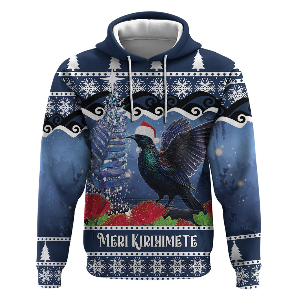 New Zealand Tui Bird Christmas Zip Hoodie Pohutukawa Xmas Tree Meri Kirihimete LT22 Pullover Hoodie Blue - Polynesian Pride