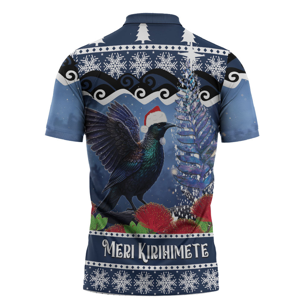 New Zealand Tui Bird Christmas Zipper Polo Shirt Pohutukawa Xmas Tree Meri Kirihimete LT22 - Polynesian Pride
