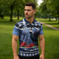 New Zealand Tui Bird Christmas Zipper Polo Shirt Pohutukawa Xmas Tree Meri Kirihimete LT22 - Polynesian Pride