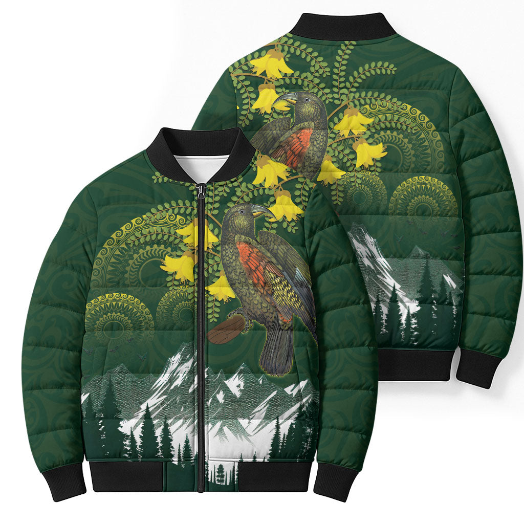 Kea Bird Kowhai New Zealand Bomber Puffer Jacket Mountain Landscape Maori Art