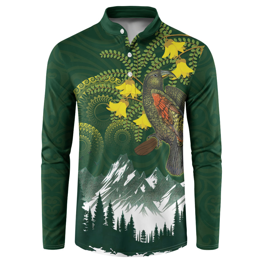 Kea Bird Kowhai New Zealand Button Sweatshirt Mountain Landscape Maori Art