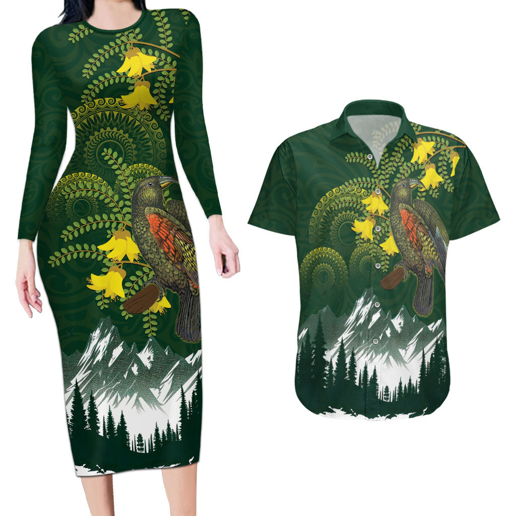 Kea Bird Kowhai New Zealand Couples Matching Long Sleeve Bodycon Dress and Hawaiian Shirt Mountain Landscape Maori Art