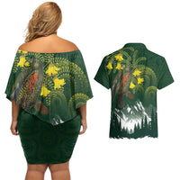 Kea Bird Kowhai New Zealand Couples Matching Off Shoulder Short Dress and Hawaiian Shirt Mountain Landscape Maori Art LT22 - Polynesian Pride