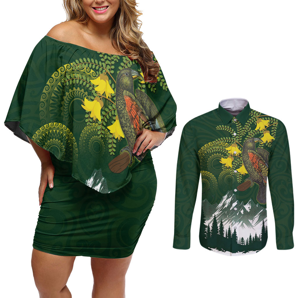Kea Bird Kowhai New Zealand Couples Matching Off Shoulder Short Dress and Long Sleeve Button Shirt Mountain Landscape Maori Art LT22 Green - Polynesian Pride