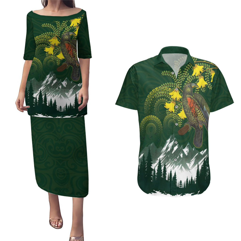 Kea Bird Kowhai New Zealand Couples Matching Puletasi and Hawaiian Shirt Mountain Landscape Maori Art LT22 Green - Polynesian Pride