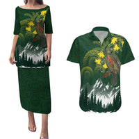 Kea Bird Kowhai New Zealand Couples Matching Puletasi and Hawaiian Shirt Mountain Landscape Maori Art LT22 Green - Polynesian Pride