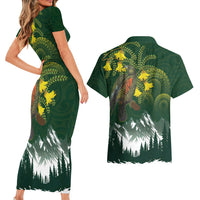 Kea Bird Kowhai New Zealand Couples Matching Short Sleeve Bodycon Dress and Hawaiian Shirt Mountain Landscape Maori Art LT22 - Polynesian Pride