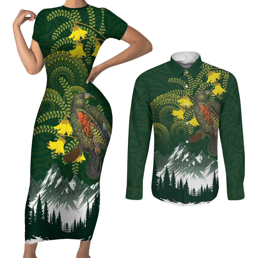 Kea Bird Kowhai New Zealand Couples Matching Short Sleeve Bodycon Dress and Long Sleeve Button Shirt Mountain Landscape Maori Art LT22 Green - Polynesian Pride