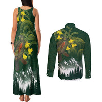 Kea Bird Kowhai New Zealand Couples Matching Tank Maxi Dress and Long Sleeve Button Shirt Mountain Landscape Maori Art LT22 - Polynesian Pride