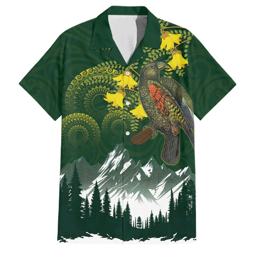 Kea Bird Kowhai New Zealand Family Matching Mermaid Dress and Hawaiian Shirt Mountain Landscape Maori Art LT22 Dad's Shirt - Short Sleeve Green - Polynesian Pride
