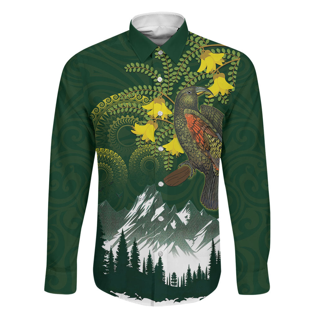 Kea Bird Kowhai New Zealand Family Matching Mermaid Dress and Hawaiian Shirt Mountain Landscape Maori Art LT22 Dad's Shirt - Long Sleeve Green - Polynesian Pride