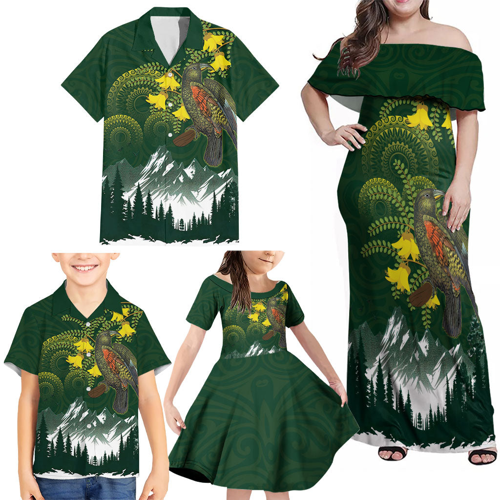 Kea Bird Kowhai New Zealand Family Matching Off Shoulder Maxi Dress and Hawaiian Shirt Mountain Landscape Maori Art LT22 - Polynesian Pride