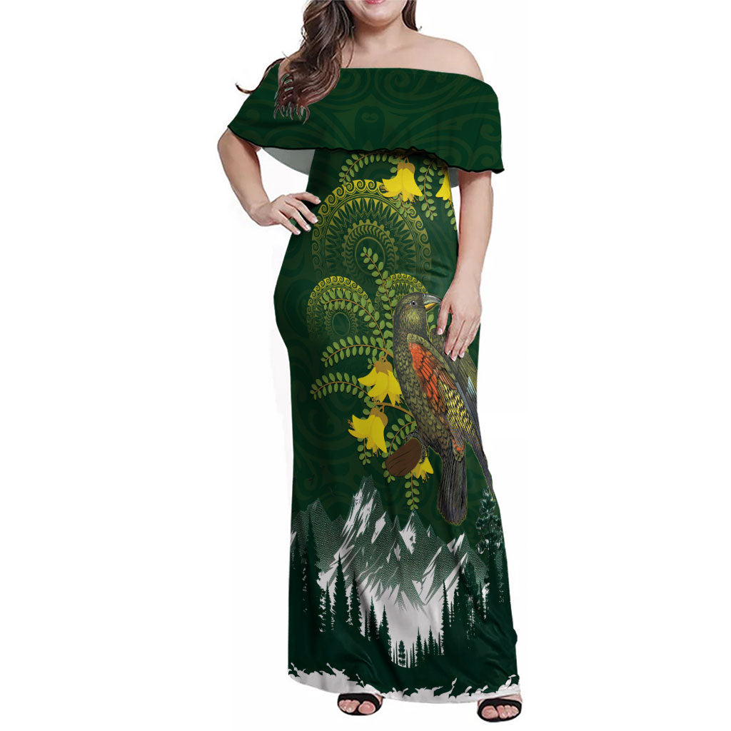 Kea Bird Kowhai New Zealand Family Matching Off Shoulder Maxi Dress and Hawaiian Shirt Mountain Landscape Maori Art LT22 Mom's Dress Green - Polynesian Pride