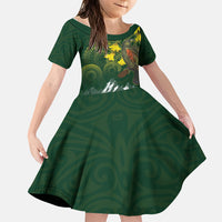 Kea Bird Kowhai New Zealand Family Matching Off Shoulder Short Dress and Hawaiian Shirt Mountain Landscape Maori Art LT22 Daughter's Dress Green - Polynesian Pride