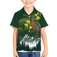 Kea Bird Kowhai New Zealand Family Matching Off Shoulder Short Dress and Hawaiian Shirt Mountain Landscape Maori Art LT22 Son's Shirt Green - Polynesian Pride