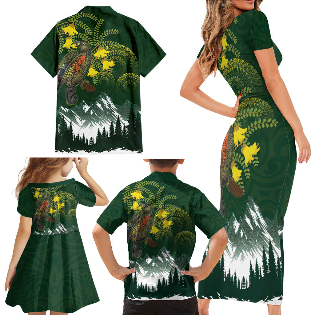 Kea Bird Kowhai New Zealand Family Matching Short Sleeve Bodycon Dress and Hawaiian Shirt Mountain Landscape Maori Art LT22 - Polynesian Pride
