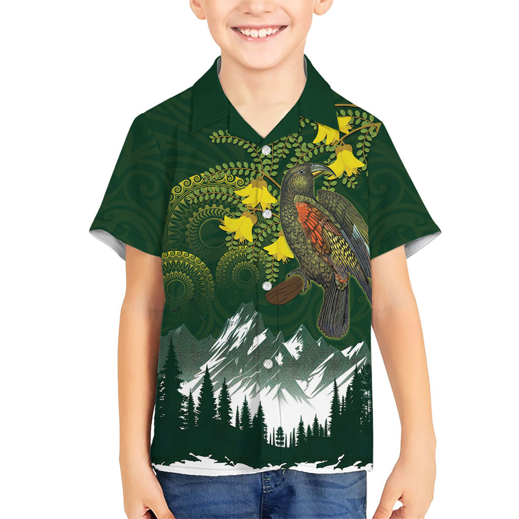 Kea Bird Kowhai New Zealand Family Matching Tank Maxi Dress and Hawaiian Shirt Mountain Landscape Maori Art LT22 Son's Shirt Green - Polynesian Pride
