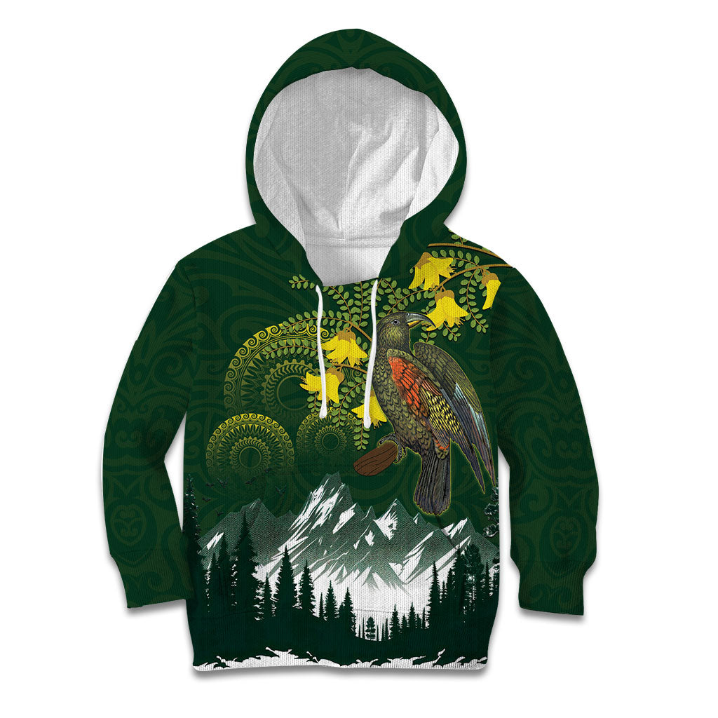 Kea Bird Kowhai New Zealand Kid Hoodie Mountain Landscape Maori Art