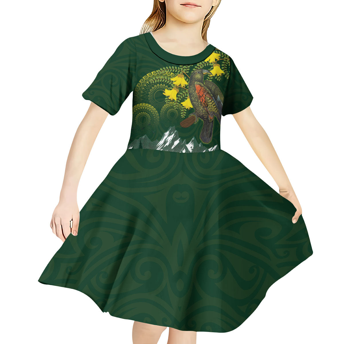 Kea Bird Kowhai New Zealand Kid Short Sleeve Dress Mountain Landscape Maori Art LT22 - Polynesian Pride