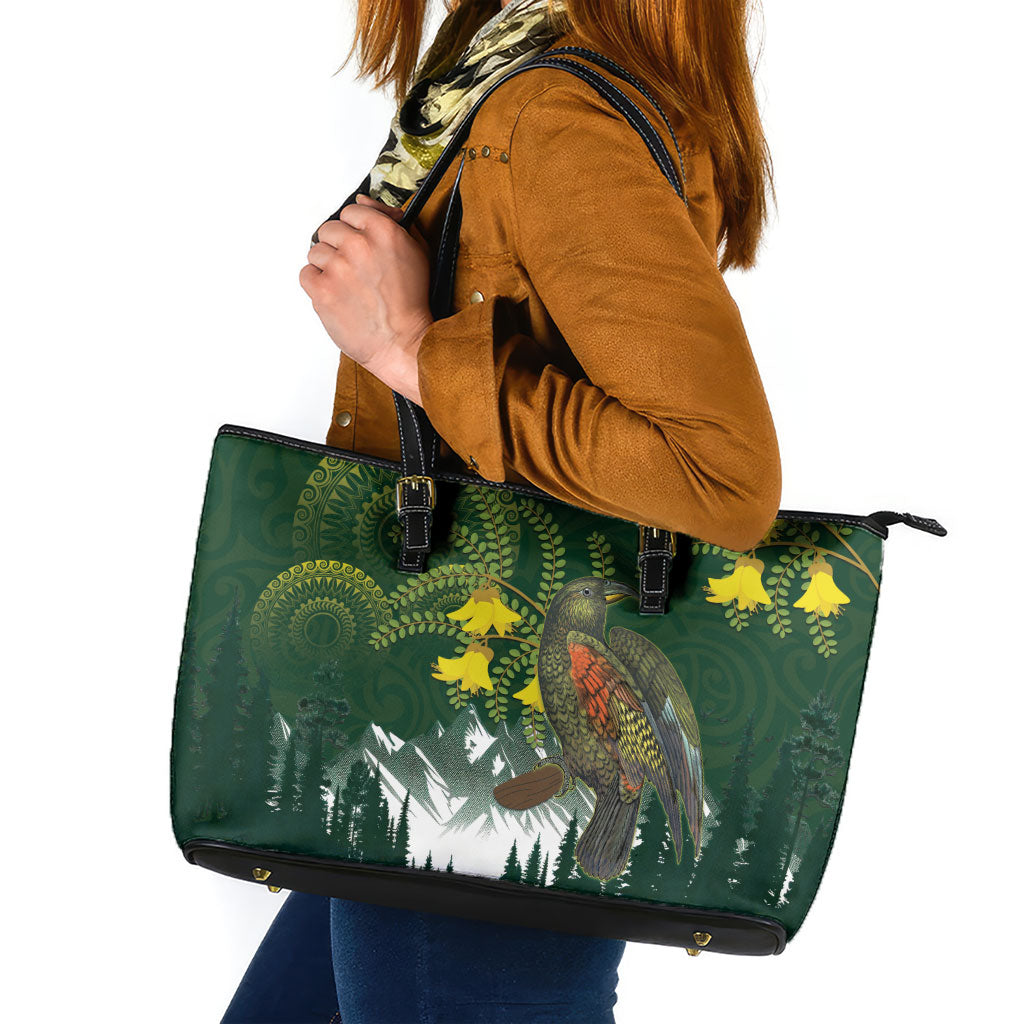 Kea Bird Kowhai New Zealand Leather Tote Bag Mountain Landscape Maori Art