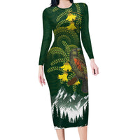 Kea Bird Kowhai New Zealand Long Sleeve Bodycon Dress Mountain Landscape Maori Art